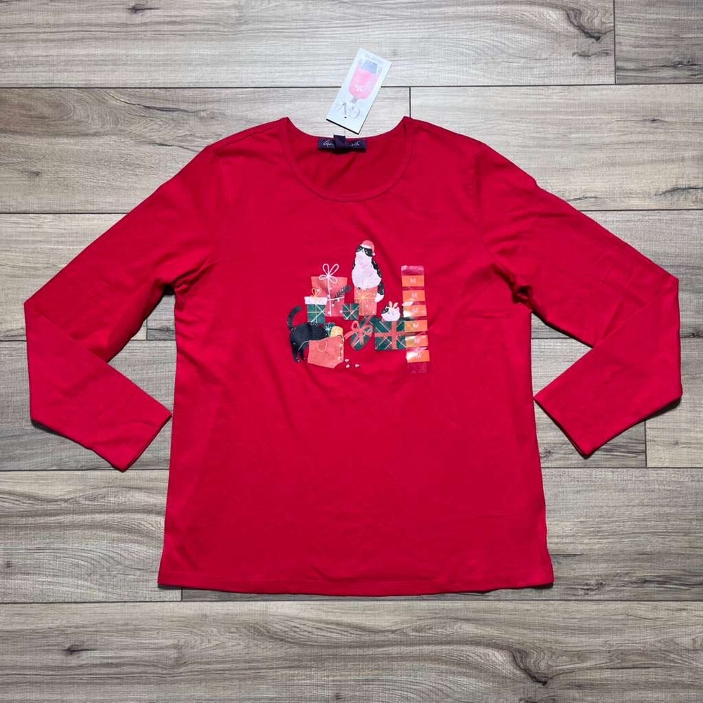 Gloria Vanderbilt Womens Christmas Cats Long Sleeve Graphic Tee‎ Size M Red